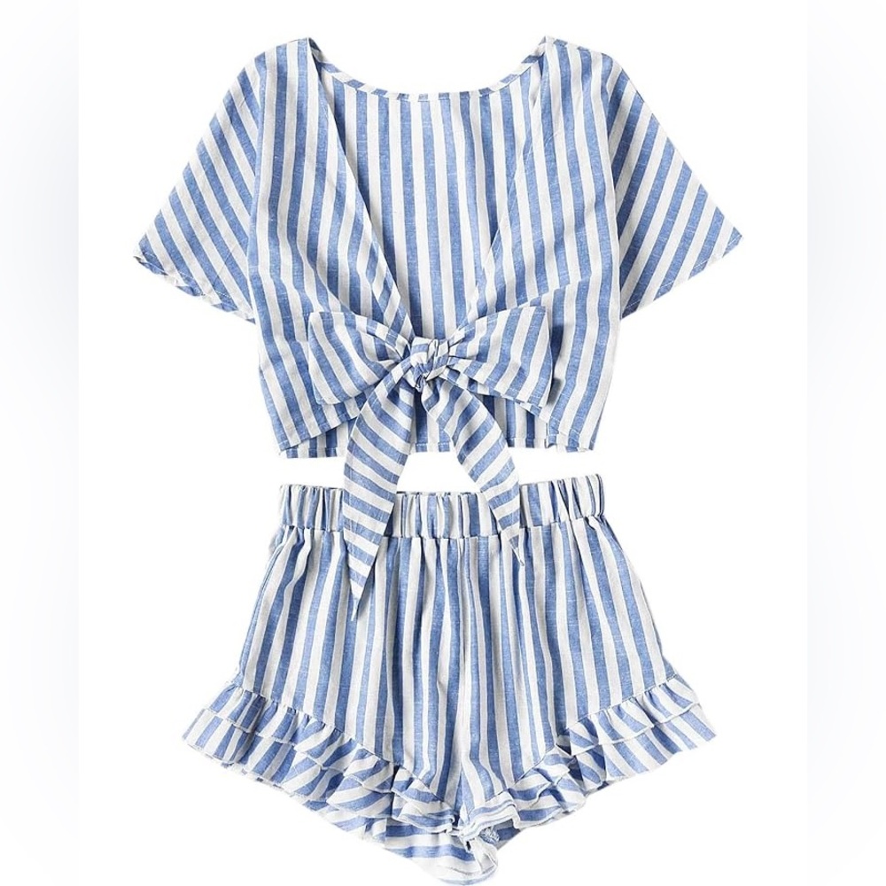 SHEIN Striped Two Piece outfit Size Medium Blue & White
